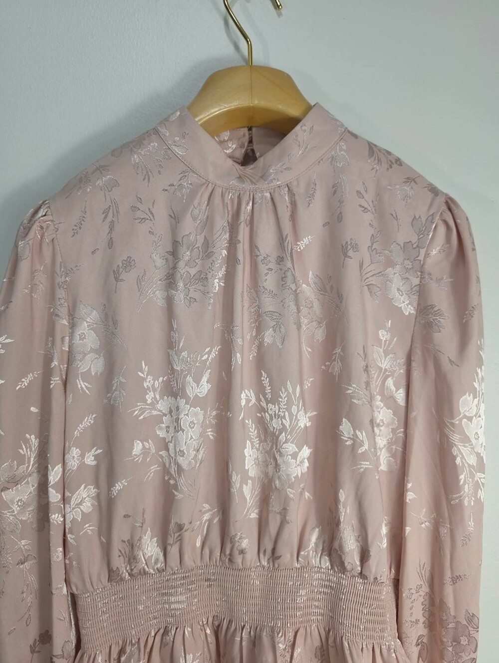 Forever 21 Blush Pink Metallic Floral High-Neck Smocked Peplum Top - Picture 3 of 8